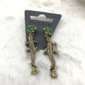 Goldtone Green Enamel Crystal Alligator Earrings